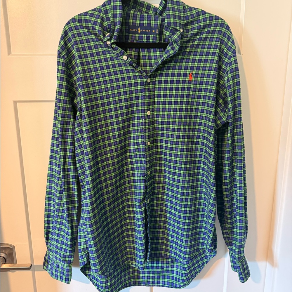 Ralph Lauren Men's XL Green and Blue Classic Plaid Shirt